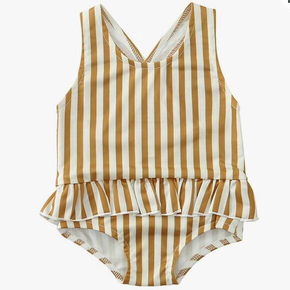 Girl's Toddler Swimsuit Striped Racerback Ruffled One-Piece - Picture 1 of 9